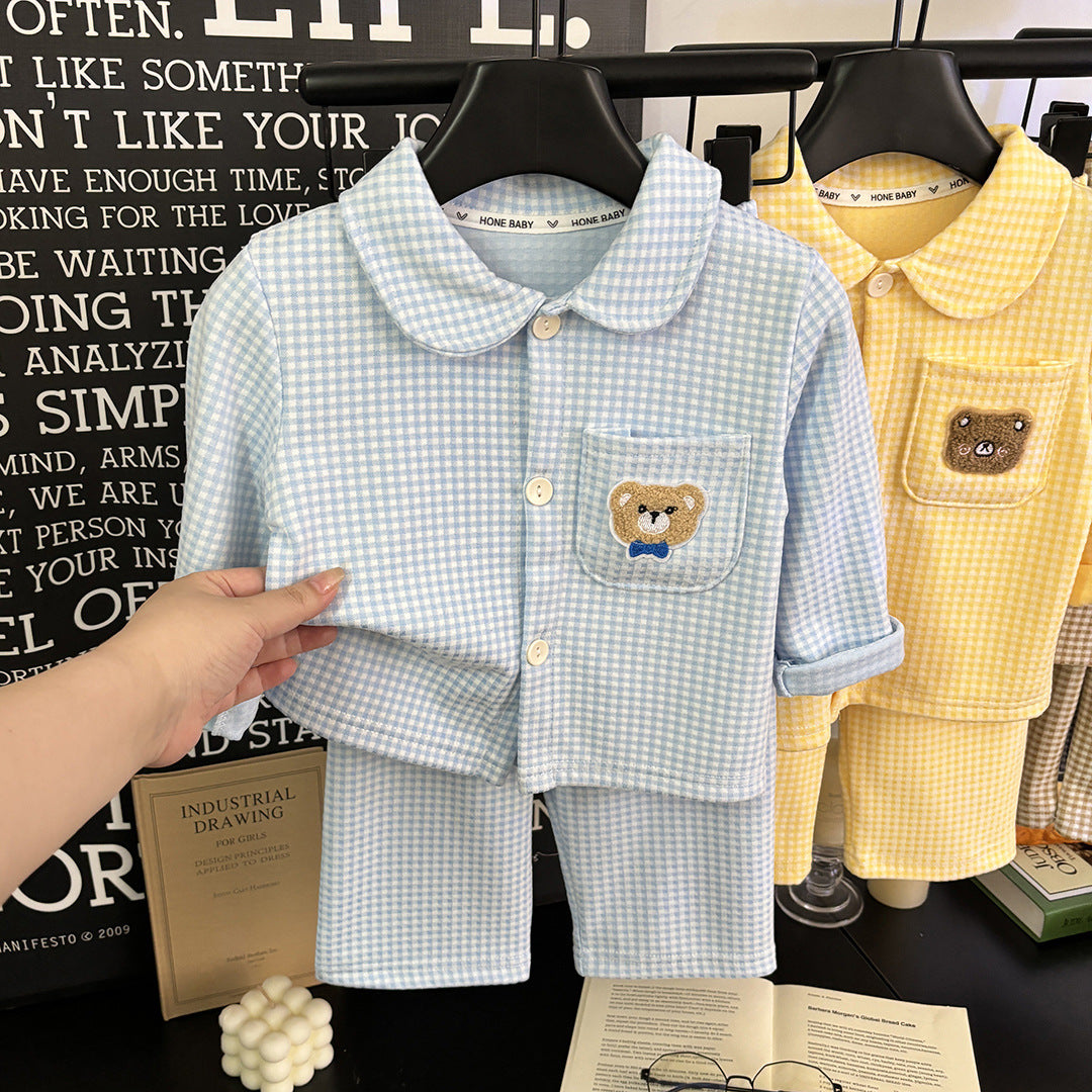 2026 Autumn Collection Children's Home Wear Set New Brushed Velvet Long Sleeve Plaid Pajamas Spring and Autumn Wholesale