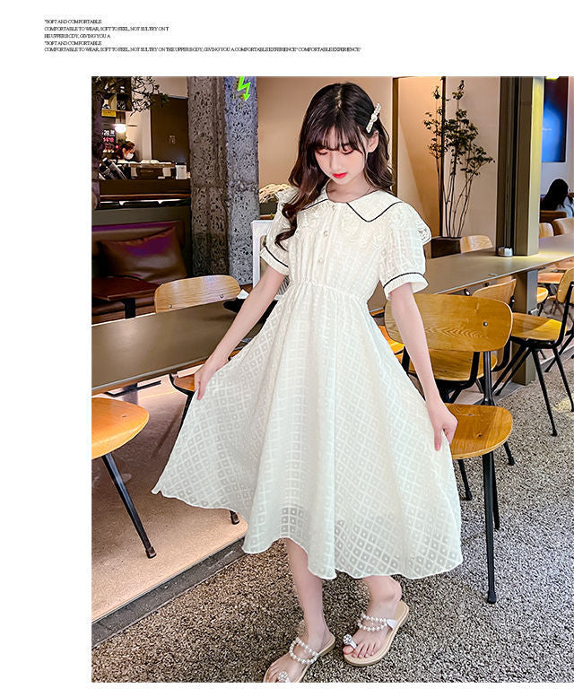 Children's Fashion Preppy Style Sailor Collar Loose Casual Robe Girls' Short Sleeve Sweet Bow Dress Children's Dresses