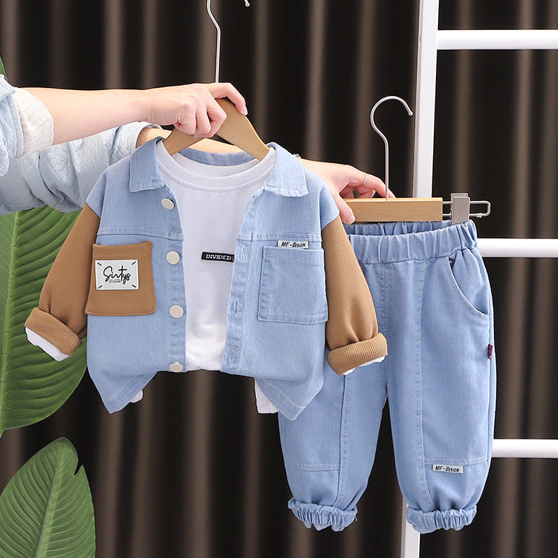 Children's clothing boys spring and autumn suit 2025 new fashionable baby contrast color Denim long sleeve three-piece set a generation of hair