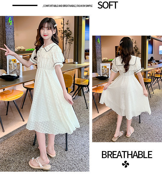 Children's Fashion Preppy Style Sailor Collar Loose Casual Robe Girls' Short Sleeve Sweet Bow Dress Children's Dresses