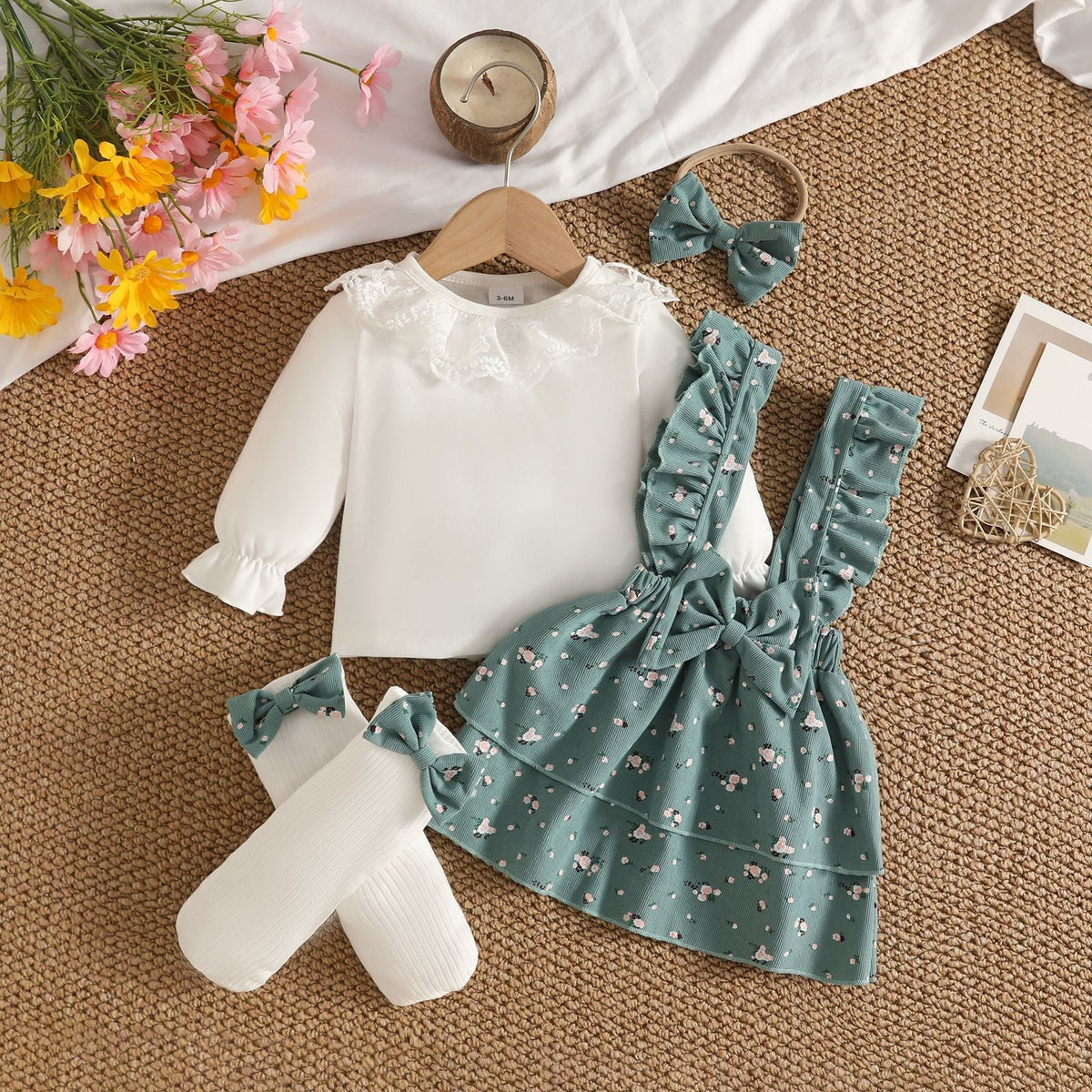 2026 Cross-Border Baby Girl Lace Round Neck Knit Long Sleeve Top + Corduroy Double-Layer Suspender Skirt + Socks Five-Piece Set