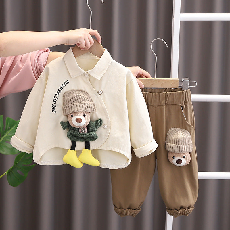 2025 new Korean children's clothing boys bear shirt 0-5 years old two-piece spring children's suit generation