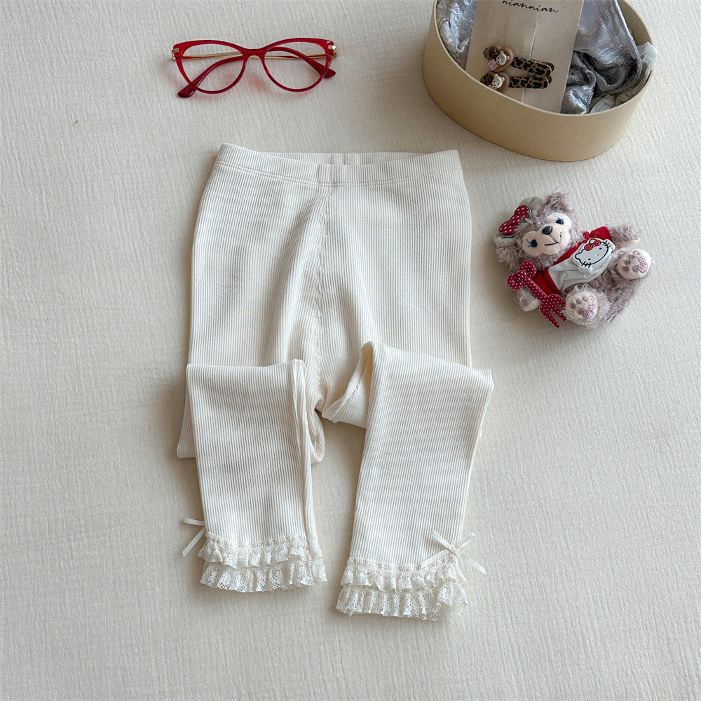 Sweet Xiaosi Girls' Leggings Autumn Lace Bow Children's Leggings Pure Cotton Baby Pants Stylish Outerwear