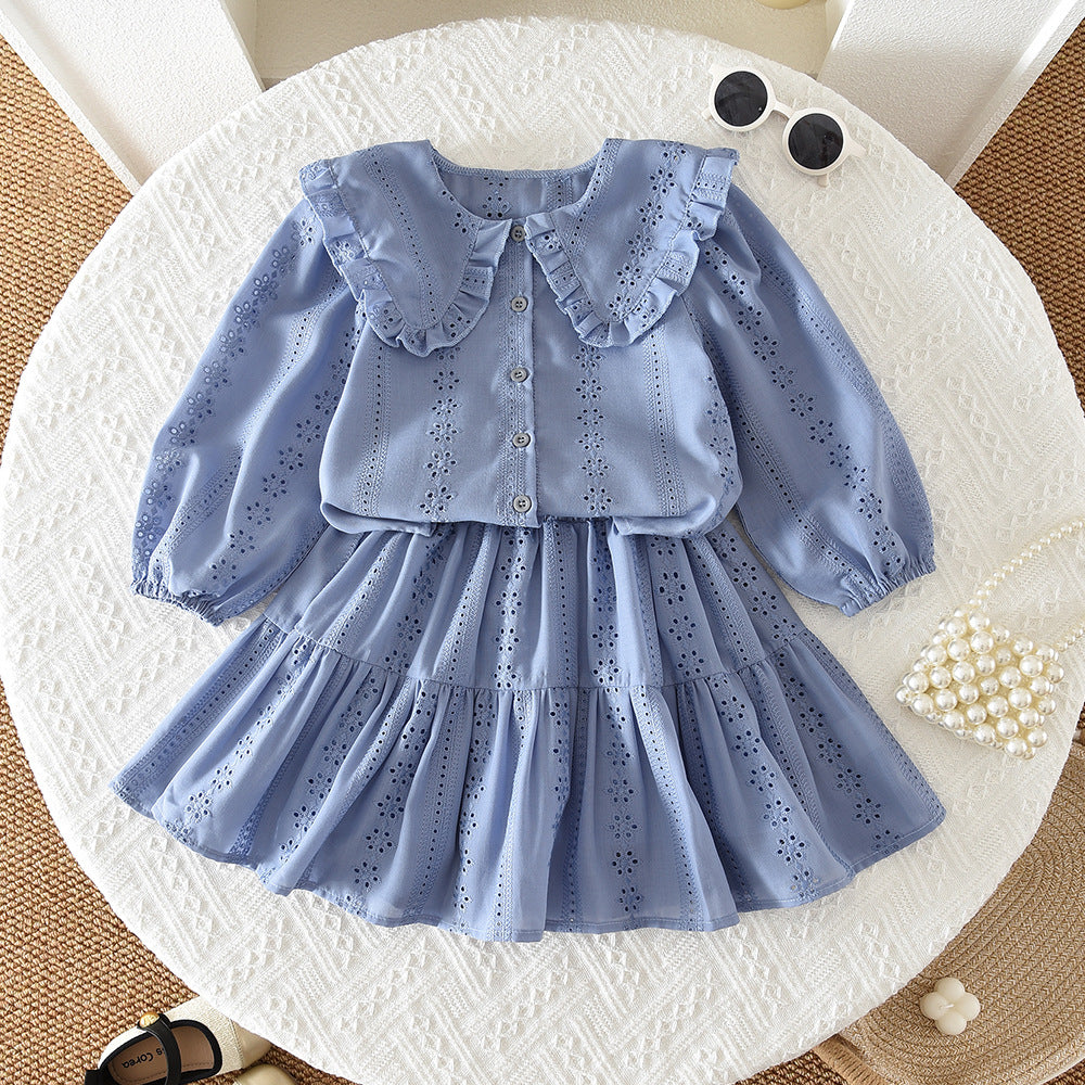 Spring New Cross-Border Style Girls' Korean-Style Children's Clothing Doll Collar Floral Embroidery Top and Short Skirt Two-Piece Casual Set