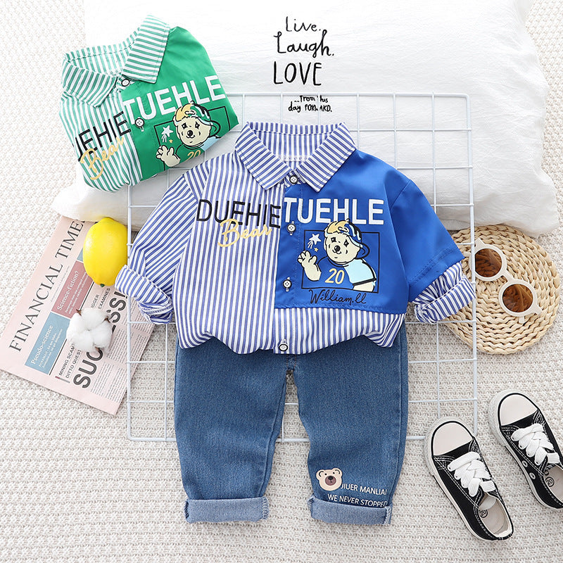 Children's clothing 2023 new spring Korean style spring bear shirt two-piece casual pants children's suit wholesale