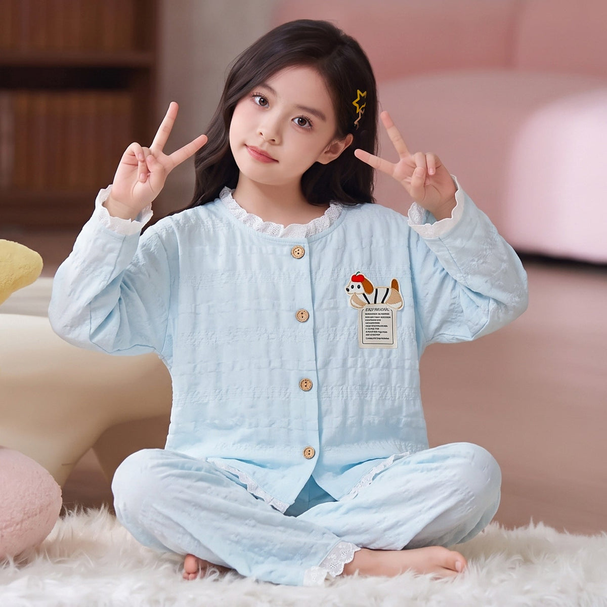 Kids Pajamas for Spring and Autumn Girls’ Cloud Cotton Long-Sleeve Thin Set, Big Kid 2026 New Trendy Homewear