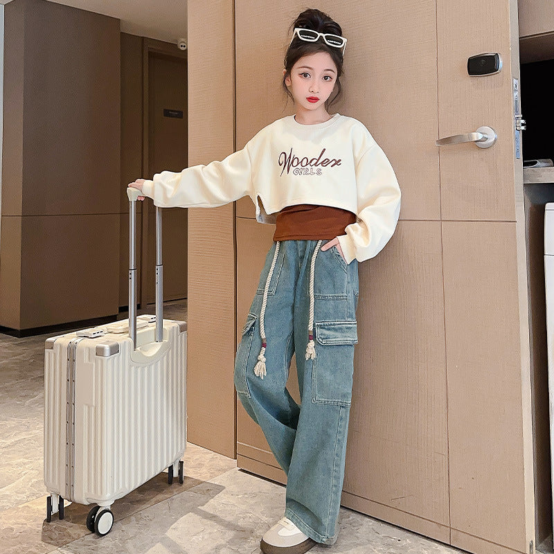 Girls autumn three-piece suit new Korean version girls fashionable vest sweatshirt workwear jeans net (Available)