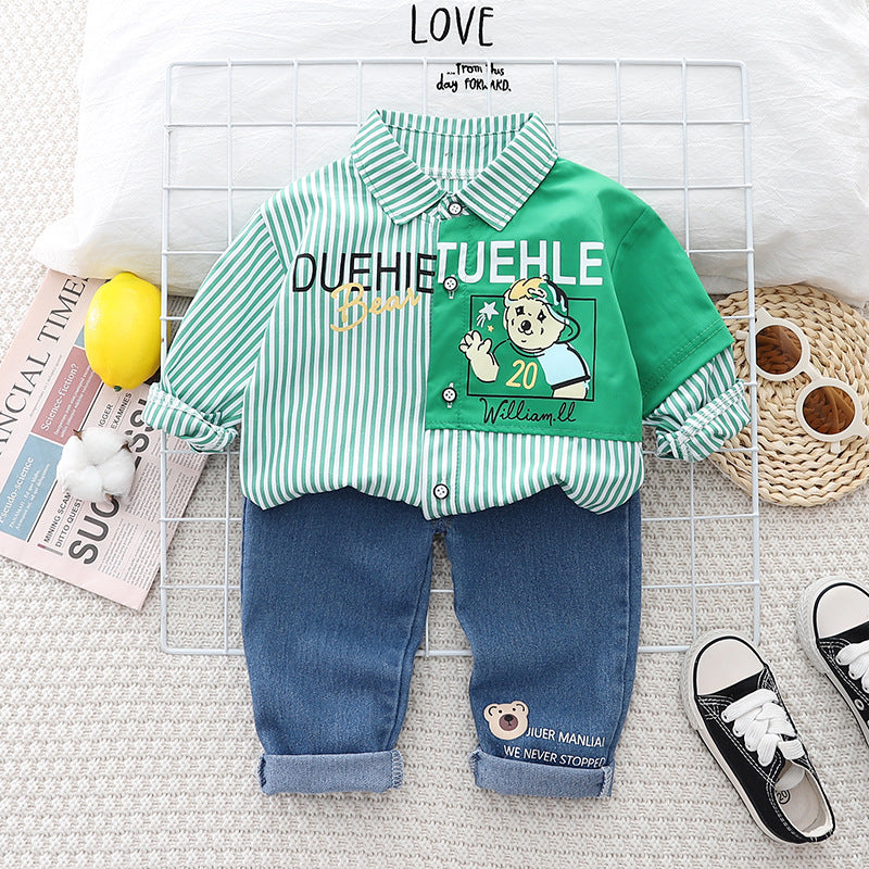 Children's clothing 2023 new spring Korean style spring bear shirt two-piece casual pants children's suit wholesale