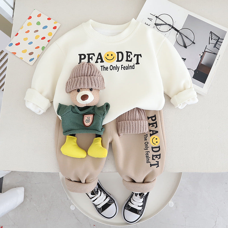 Boys' Winter Plush Thickened Sweater Two Piece Set baby clothes (Available)
