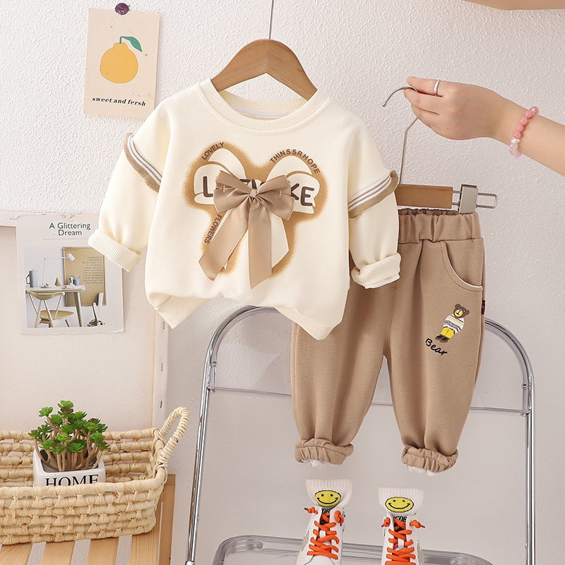 Free shipping Yikids girls' spring new baby girls' cartoon cute rabbit sweater long-sleeved trousers two-piece suit