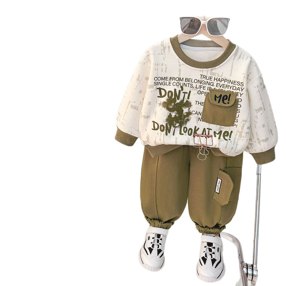 Kids2026 New Boys' Autumn Outfit Letter Pocket Sweatshirt Set Children's Stylish Spring and Autumn Two-Piece Set Wholesale