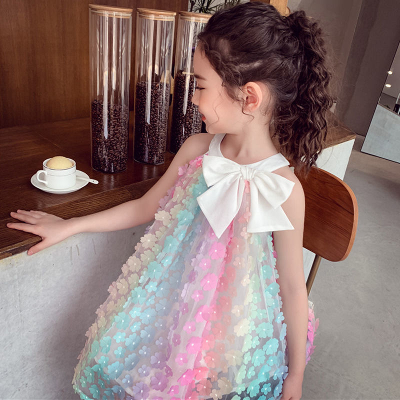 Girls sleeveless dress 2025 summer new color 3D flower skirt children's bow princess skirt (Available)