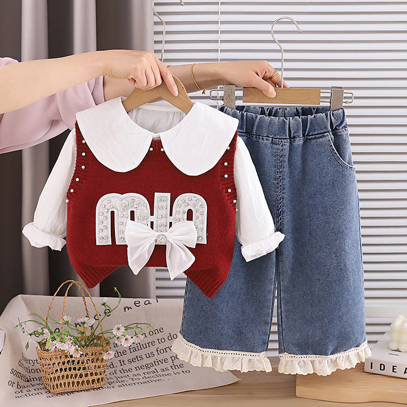 Children's Spring and Autumn Clothing 2026 New Style Girls' Stylish Letter Bow Sweater Three-Piece Set Baby Korean Style Trendy Outfit
