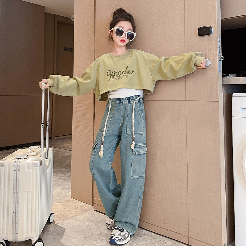 Girls autumn three-piece suit new Korean version girls fashionable vest sweatshirt workwear jeans net (Available)