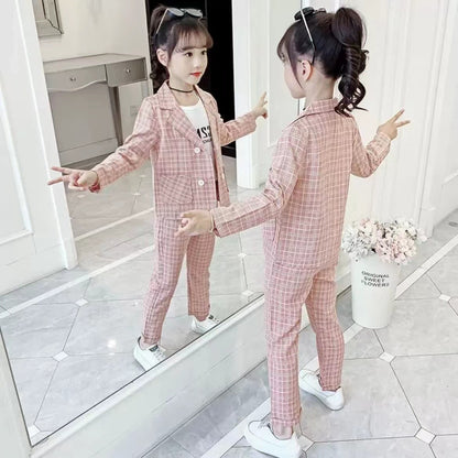 New Design Kids Girls Clothes Set Korean Plaid Two-piece Suit