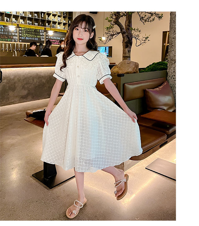 Children's Fashion Preppy Style Sailor Collar Loose Casual Robe Girls' Short Sleeve Sweet Bow Dress Children's Dresses