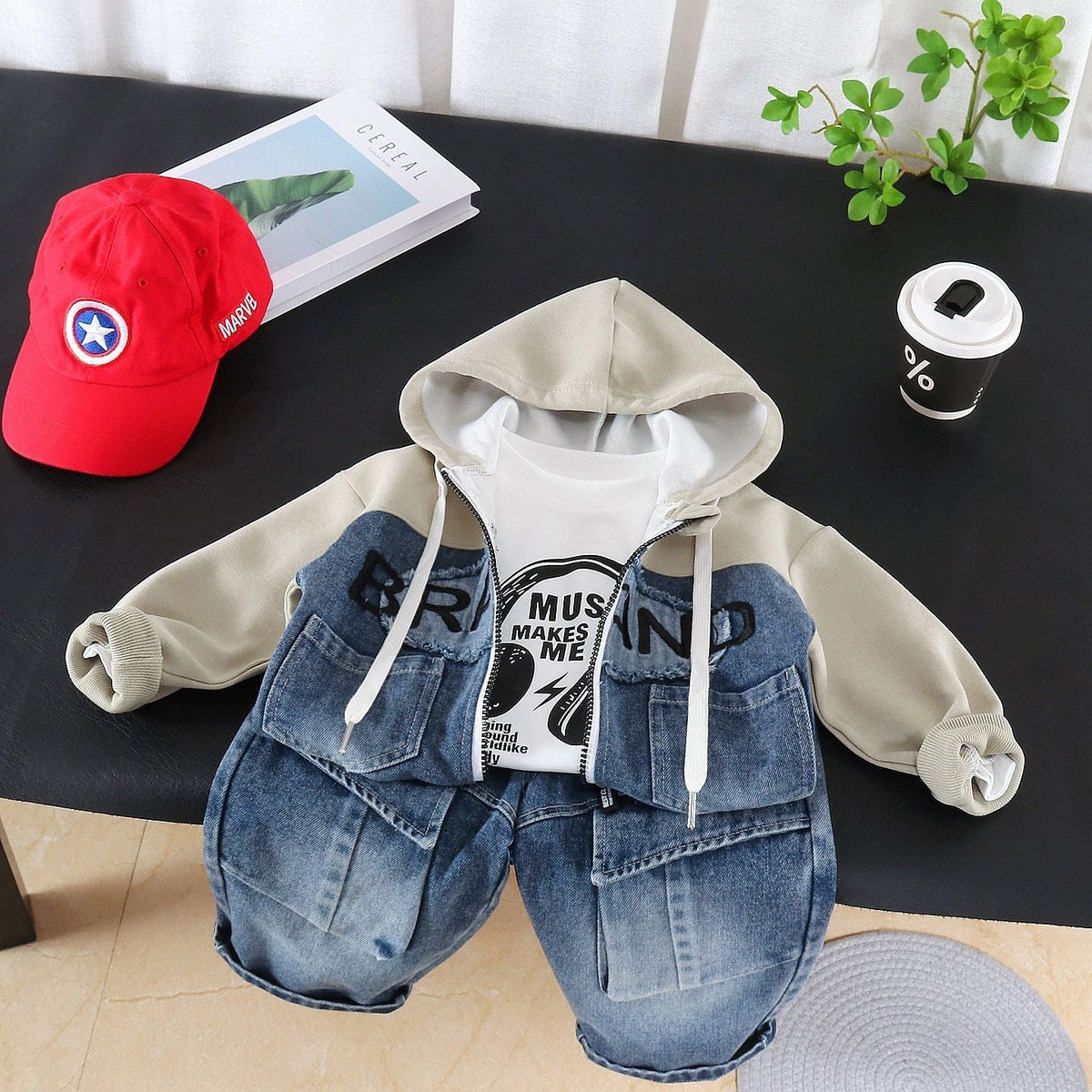 Boys' Autumn Outfit Set 2026 New Korean Style Children's Trendy Cool Patchwork Hooded Jacket with Jeans Three-Piece Set