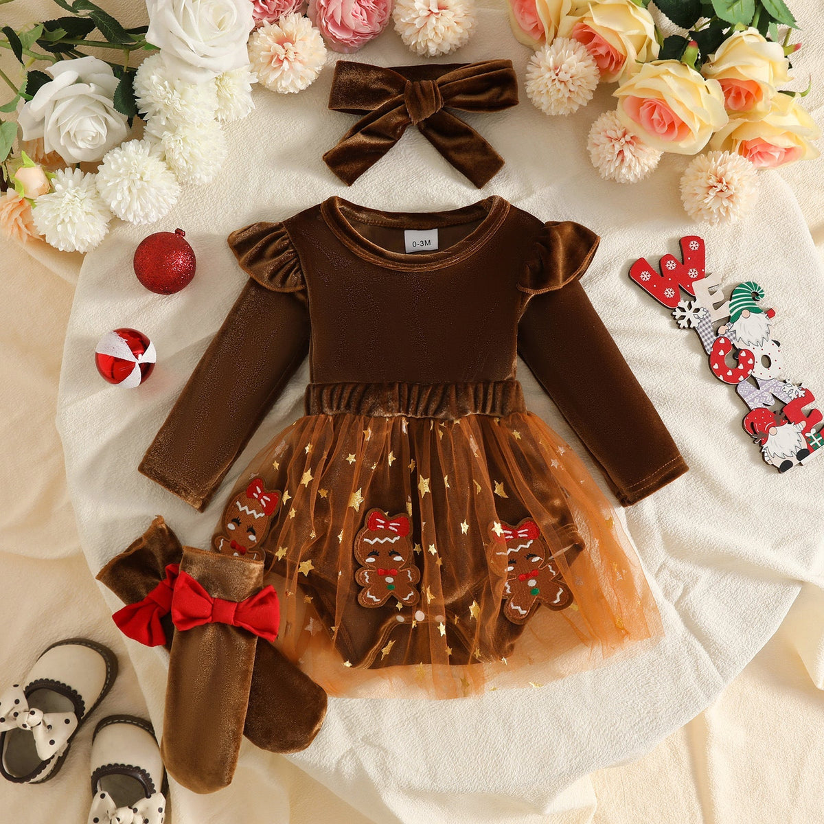 2026 European and American Infant Christmas Dress, Smooth Velvet Fabric, Long Sleeve Mesh Patchwork Dress, Socks, Headscarf