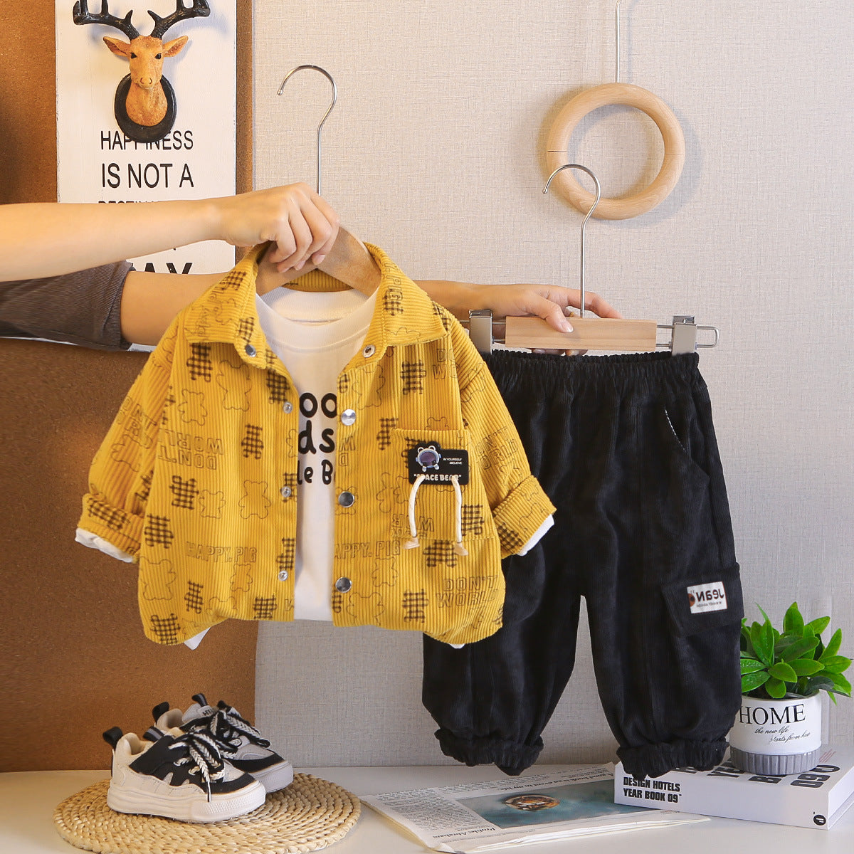 2026 Spring New Foreign Trade Style Boys' Corduroy Full Print Long Sleeve Three-Piece Set Baby Boy Casual Long Pants Outfit Trendy