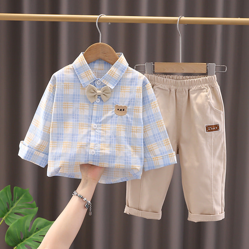 Men's Autumn Suit New Children's Long-Sleeved Plaid Shirt Bow Tie Two-Piece Autumn Suit Handsome Korean Style Clothes