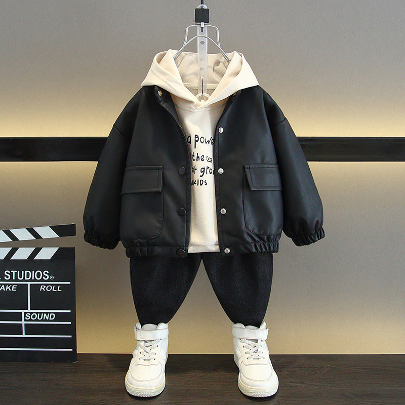 Children's Spring and Autumn Hooded Sweatshirt and Leather Jacket Two-Piece Set 2026 New Autumn Korean Style Handsome Boys' Casual Jacket