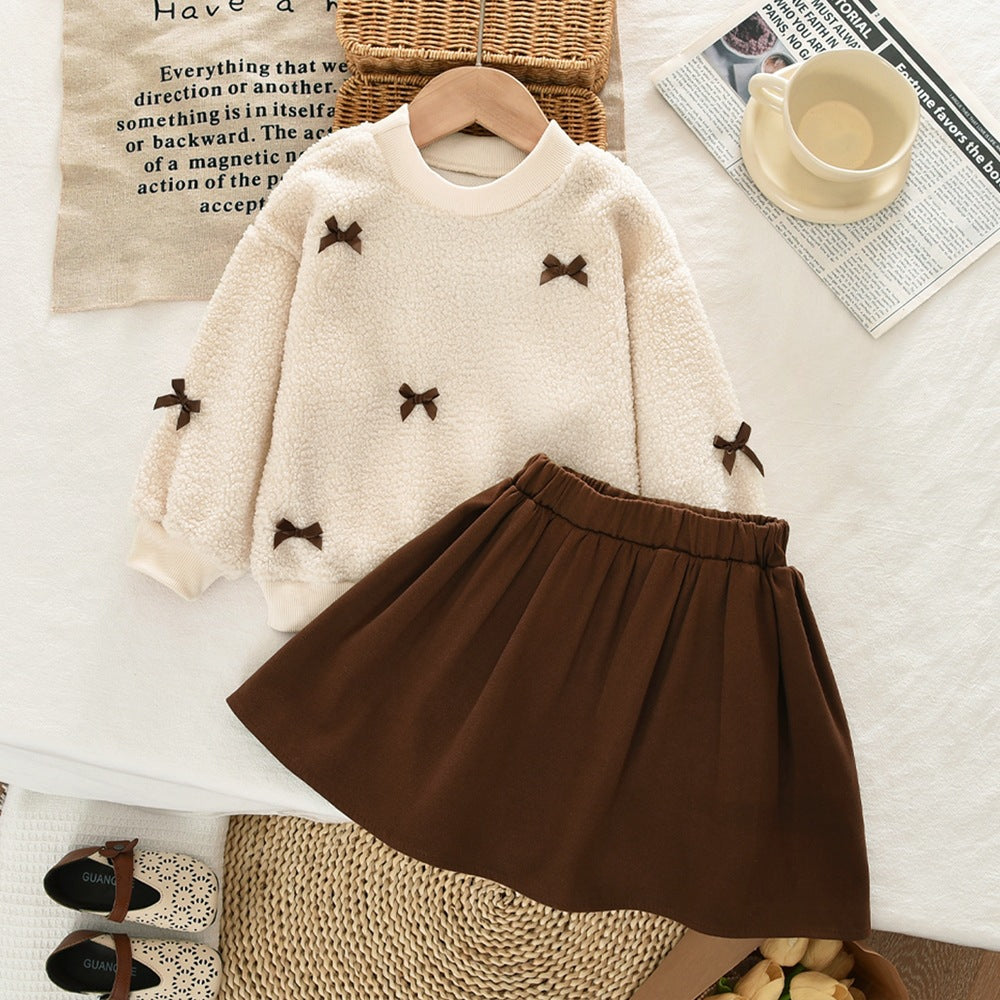 Girls' Autumn and Winter Outfit with Bow, Teddy Velvet Long-Sleeve Top and Short Skirt, Korean Style Simple Two-Piece Set, Cross-Border Children's Clothing