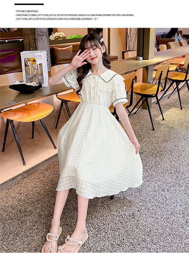 Children's Fashion Preppy Style Sailor Collar Loose Casual Robe Girls' Short Sleeve Sweet Bow Dress Children's Dresses