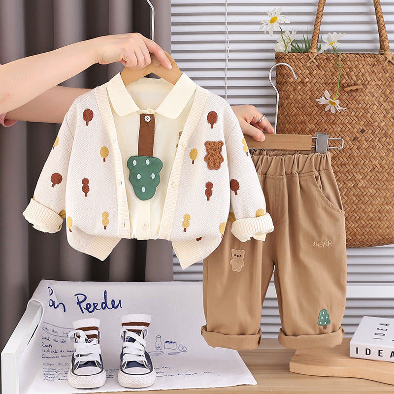Boys' Spring and Autumn Outfit Stylish 2025 New Toddler Casual Autumn Clothing Baby Full-Body Tree Cardigan Three-Piece Set