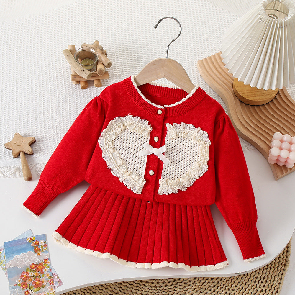Baby Girl Sweater Skirt Girls Autumn and Winter New Fashionable Big Heart Knitted Two-Piece Set Korean Style Sweater Skirt