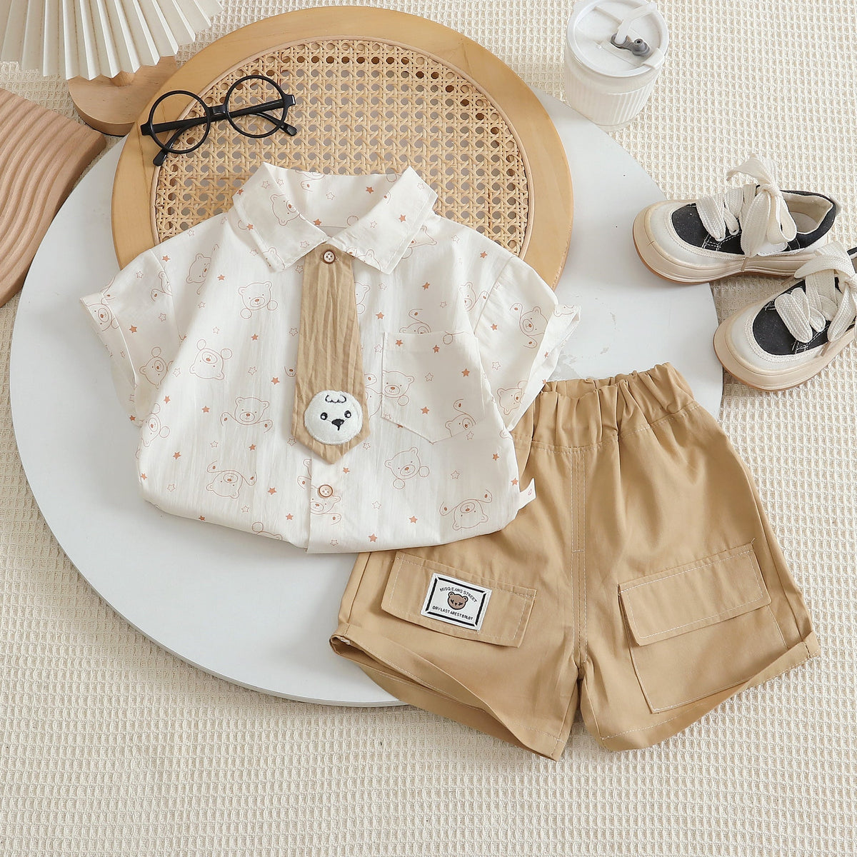 2026 New Boys' Summer Outfit: Bear Tie, Thin Short-Sleeve Shirt for Boys and Girls, Two-Piece Trendy Set
