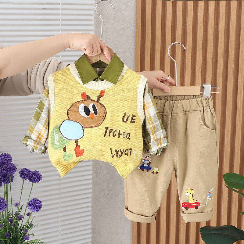 Baby boy spring and autumn clothing suit children's casual western style vest sweater three pieces suit 1-3 years old boy Spring and Autumn 2