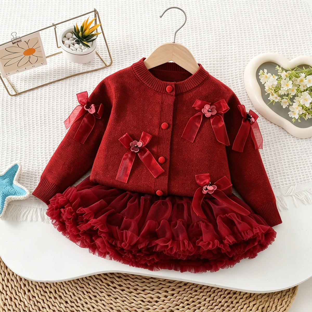 New Autumn and Winter Style Girls' Knitted Sweater Cardigan, Korean Style Fashionable Bow Cardigan, Puffy Skirt, Princess Skirt for Baby Girls
