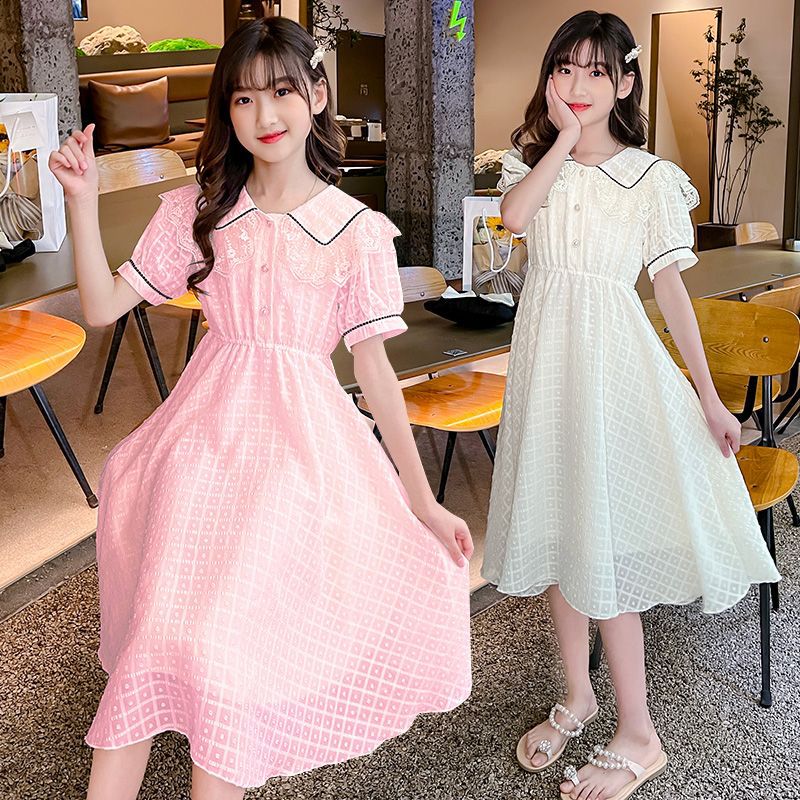 Children's Fashion Preppy Style Sailor Collar Loose Casual Robe Girls' Short Sleeve Sweet Bow Dress Children's Dresses