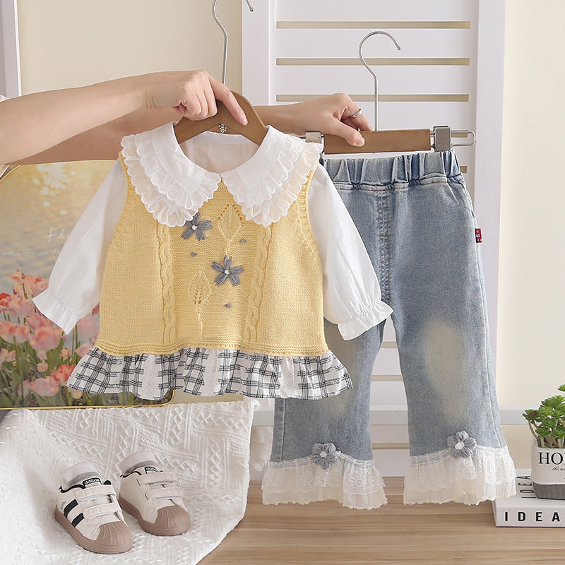 Children's clothing supply: Girls' autumn three-piece set includes a bow-knot knitted vest, lace-collar white shirt, and denim wide-leg pants