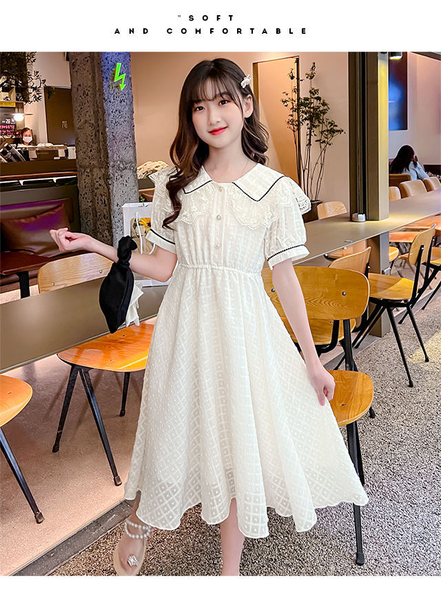 Children's Fashion Preppy Style Sailor Collar Loose Casual Robe Girls' Short Sleeve Sweet Bow Dress Children's Dresses