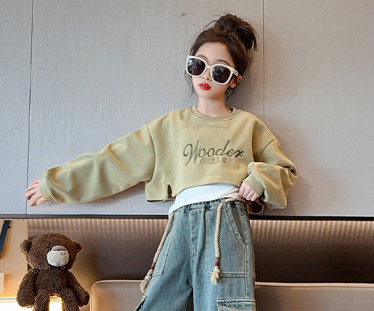 Girls autumn three-piece suit new Korean version girls fashionable vest sweatshirt workwear jeans net (Available)