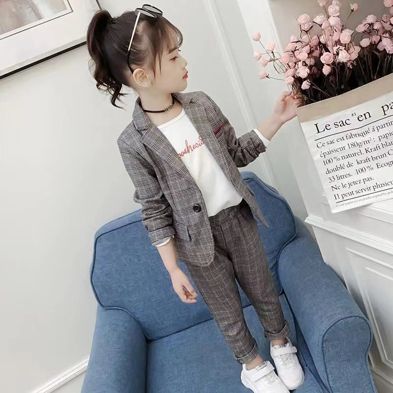 New Design Kids Girls Clothes Set Korean Plaid Two-piece Suit (Available )