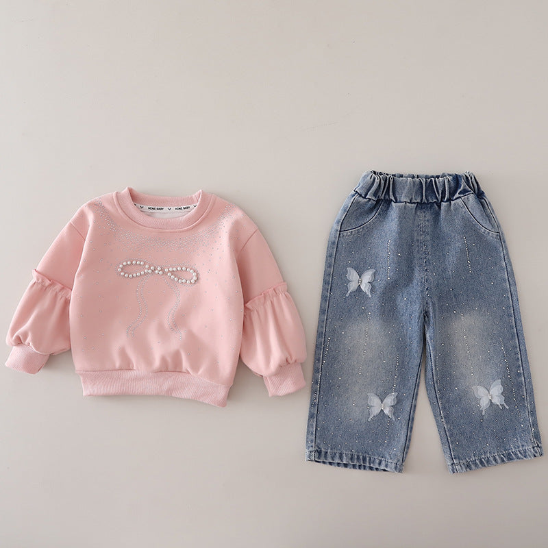 Girls' sweatshirt autumn outfit 2026 new model baby spring and autumn bow two-piece set infant children's clothing