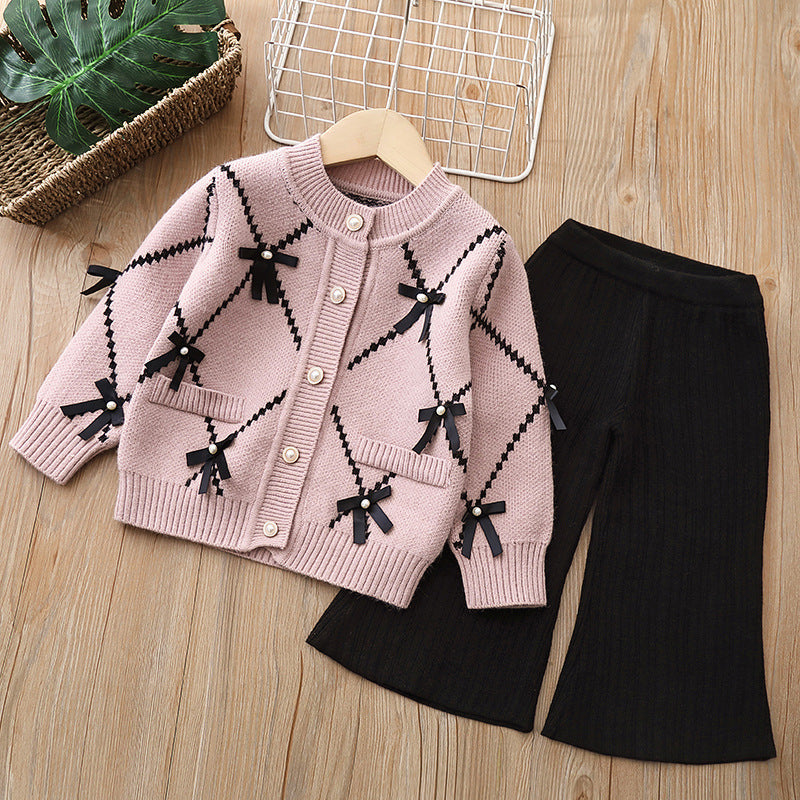 Little Chanel Style Girls' Sweater suit Children's Knitted Two-Piece New Arrival Women's Bow Cardigan suit