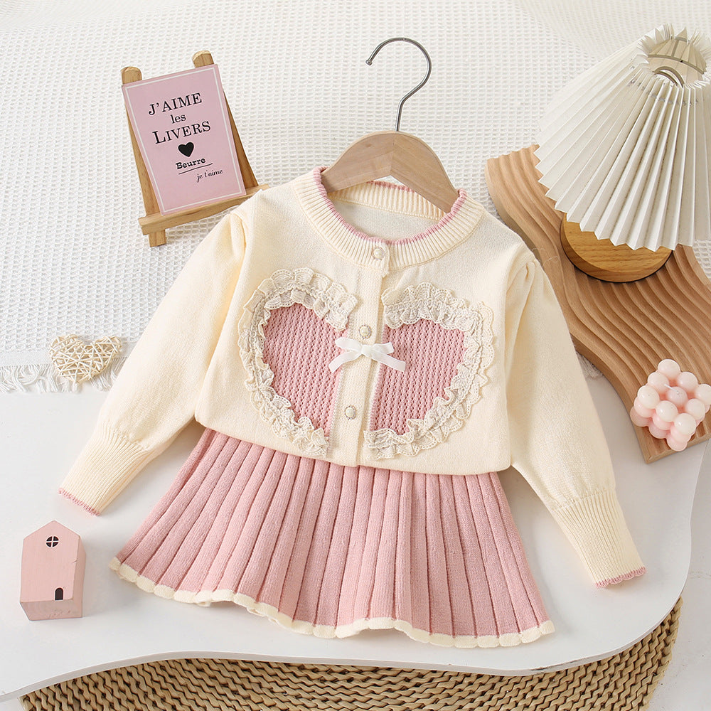Baby Girl Sweater Skirt Girls Autumn and Winter New Fashionable Big Heart Knitted Two-Piece Set Korean Style Sweater Skirt