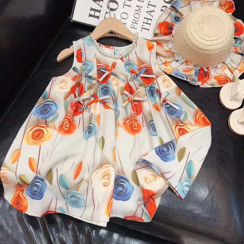 Girls Rose Flower Bowknot Dress 2025 Baby Sweet Princess Dress Sleeveless Vest Dress with Hat