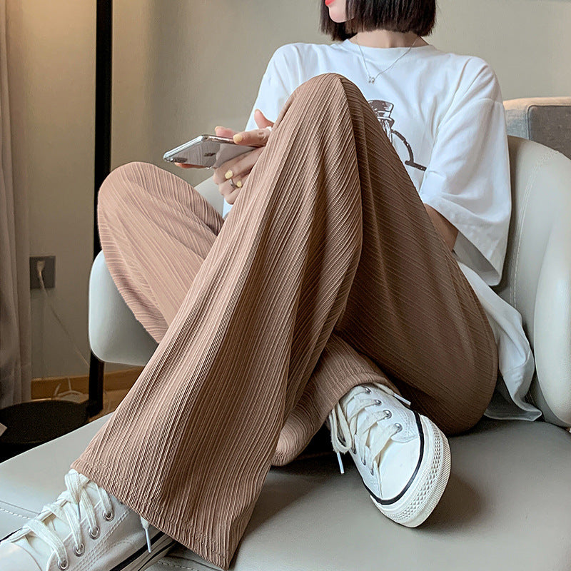 Ice Silk Wide-Leg Pants for Women, Thin Chiffon High-Waisted Loose Straight-Leg Slimming Casual Floor-Length Pants for Summer