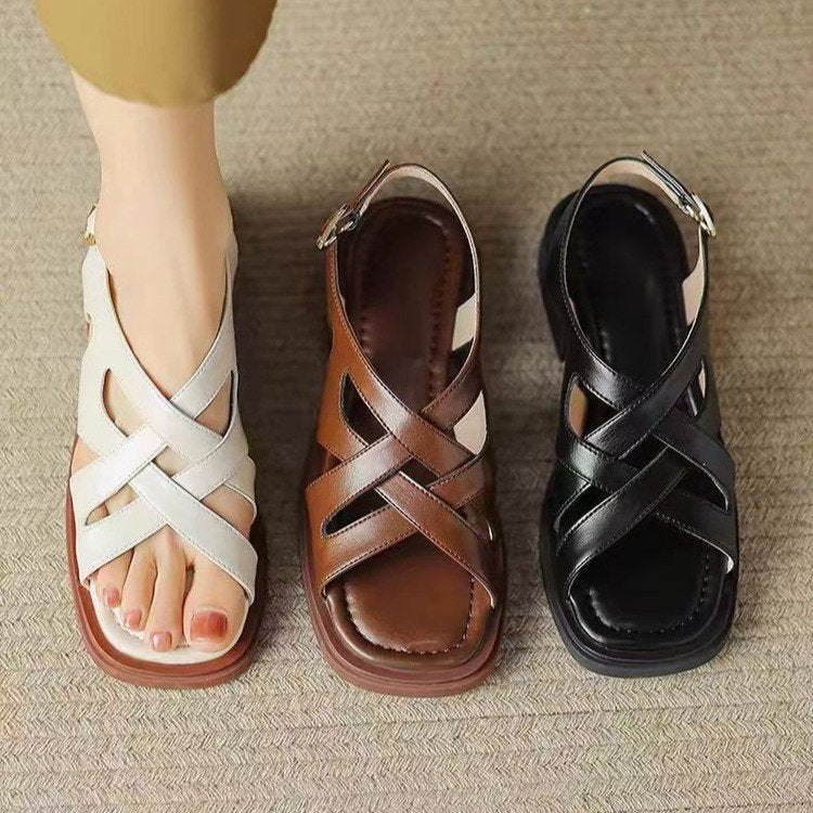 Women's Patent Leather Low Heel Square Toe Beach Sandals