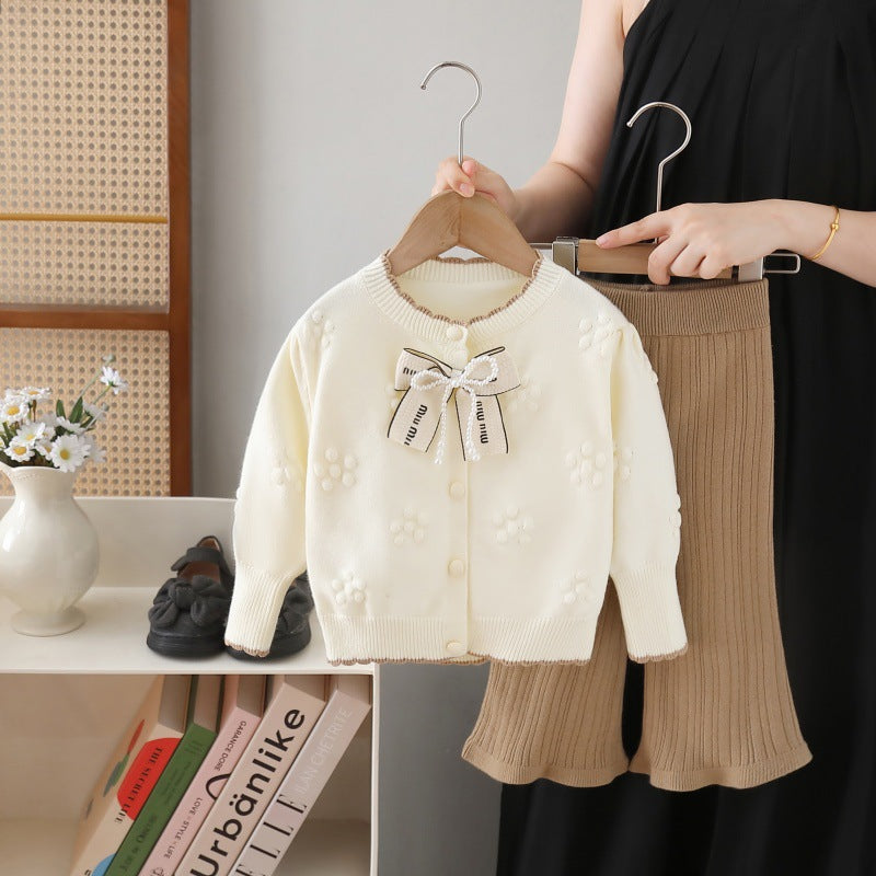 Children's Sweater Jacket and Knitted Pants Set 2025 Autumn New Style Sweet Two-Piece Set for Little Girls Girls' Sweater