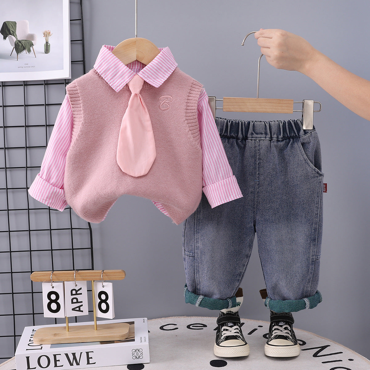 2025 Spring and Autumn New Style Boys and Girls New Baby Spring and Autumn Stylish Korean Style Sweater Vest Fashion Three-Piece Set