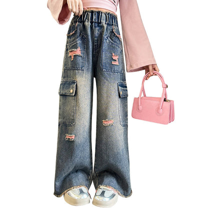 Girls' Fashionable Gradually Varied Pink Broken Holes Pants