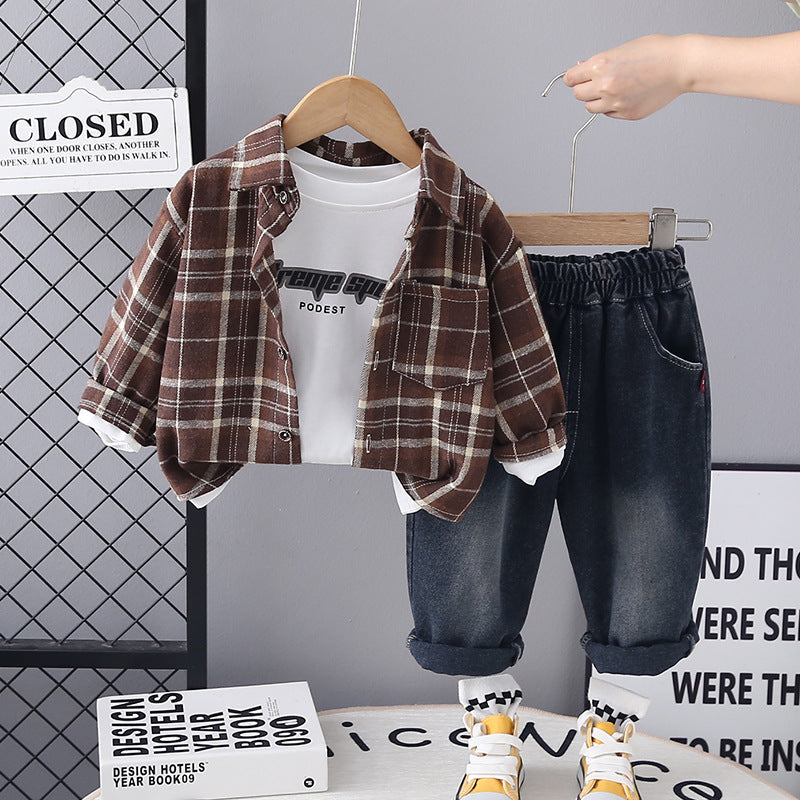 Kids Boys Spring Suit 2025 New Style Plaid Shirt Little Boy Handsome Fashion Pants Three-Piece Set