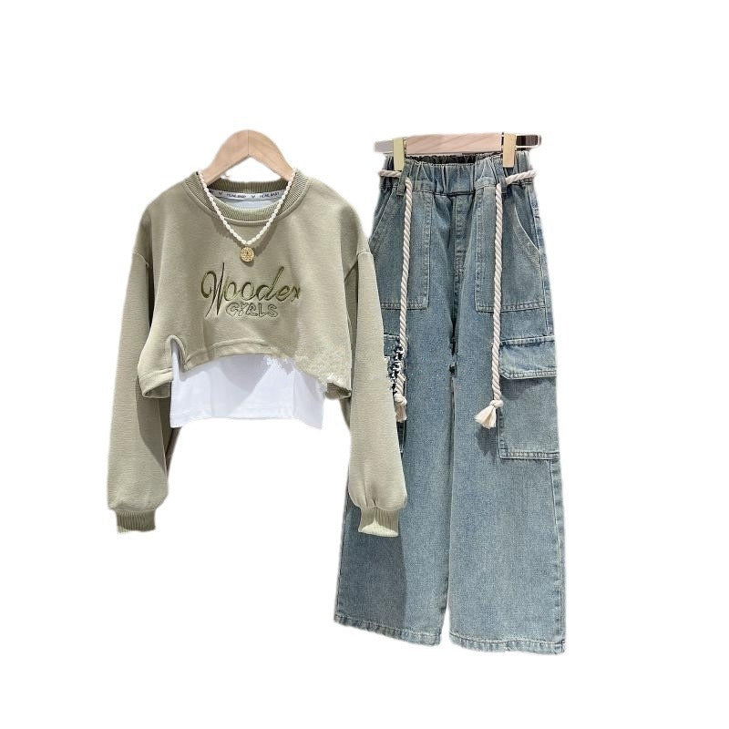 Girls autumn three-piece suit new Korean version girls fashionable vest sweatshirt workwear jeans net (Available)