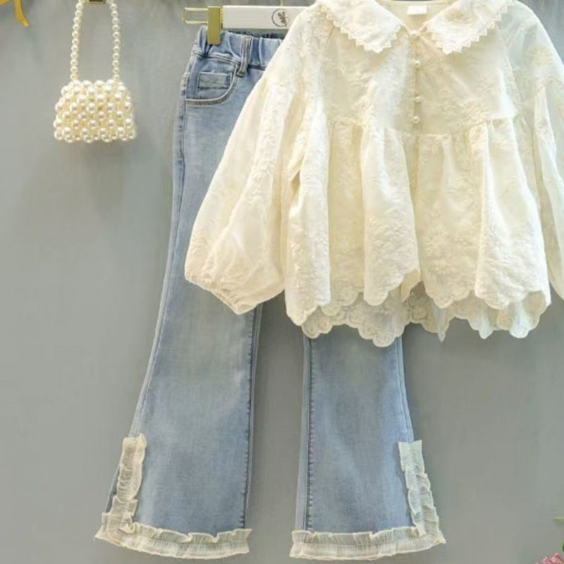 Girls' 2025 Spring New Stylish Doll-Style Long-Sleeve Fashionable Shirt and Children's Jeans Two-Piece Set