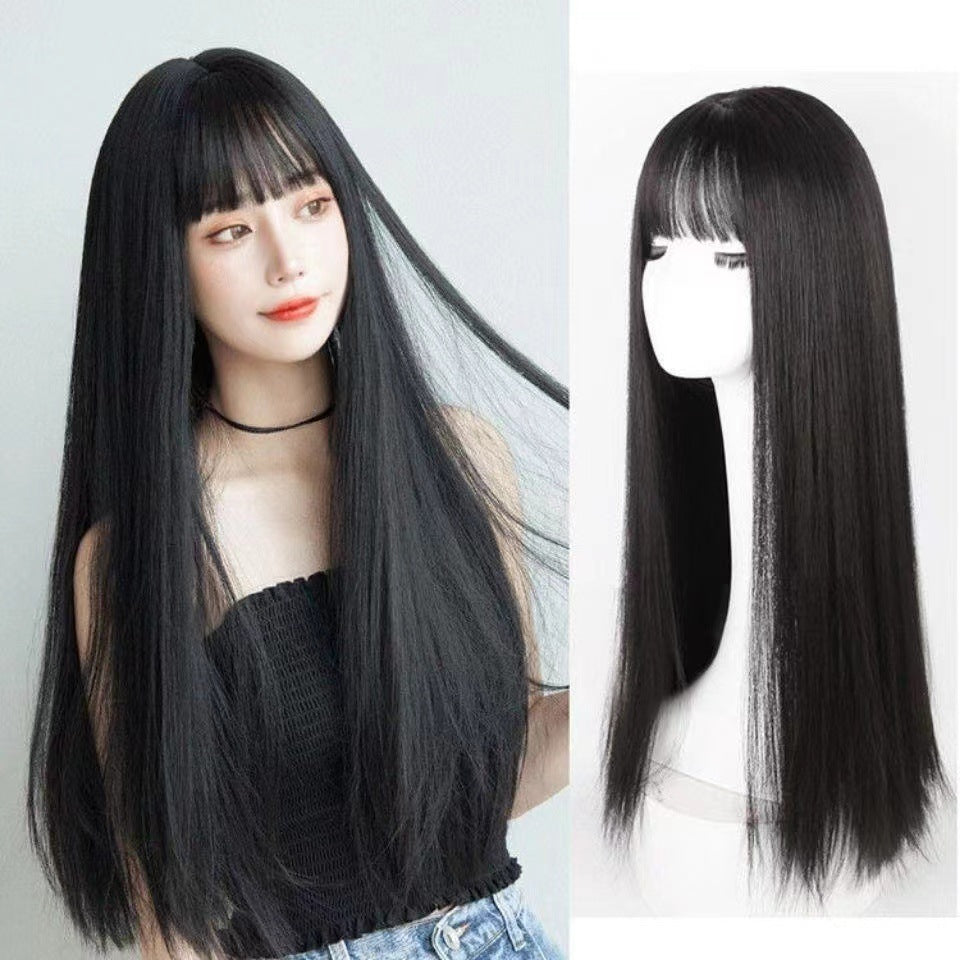 Wigs for women with air bangs, long straight hair, soft girl, realistic and natural full head set